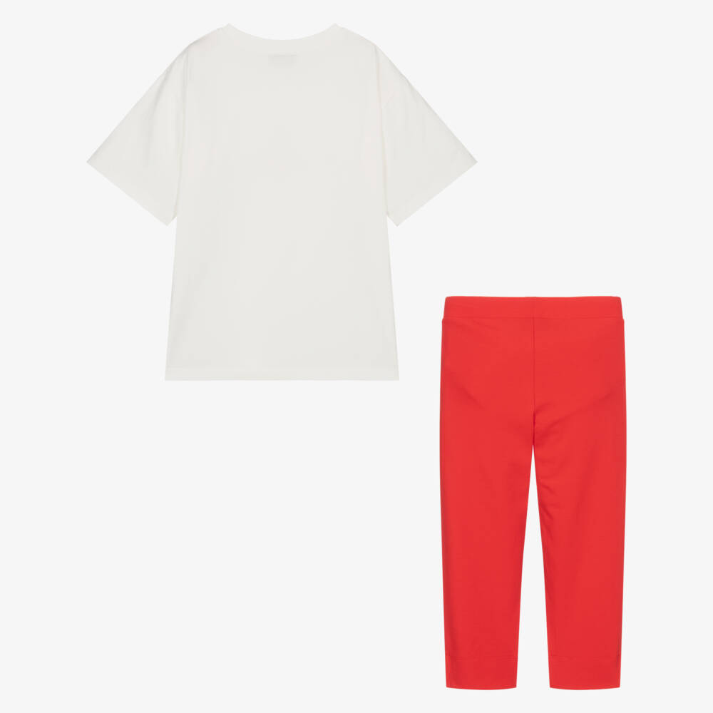 Moschino-Girls Bright Red Leggings Set with Teddy Bear & Heart Logo | Childrensalon
