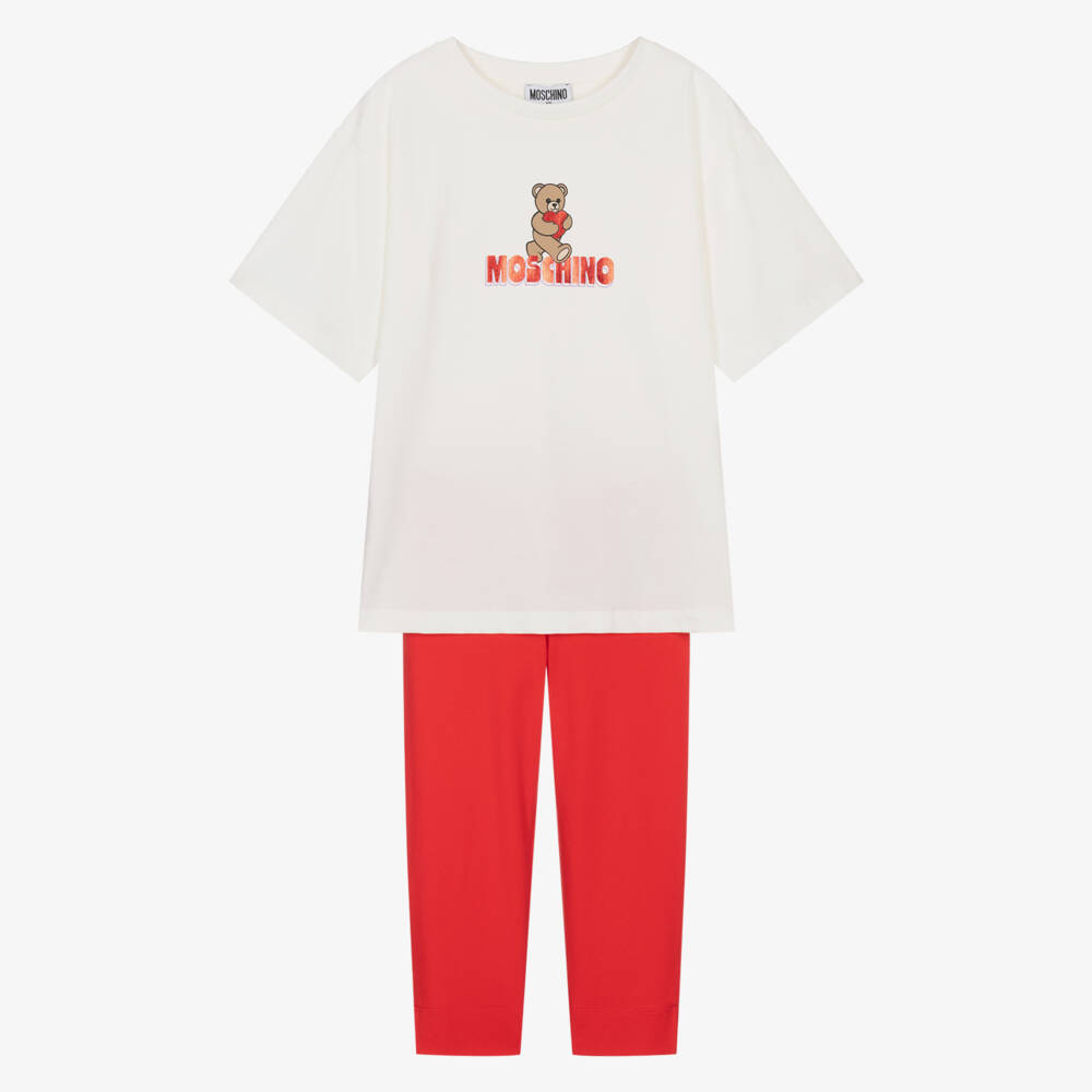 Moschino-Girls Bright Red Leggings Set with Teddy Bear & Heart Logo | Childrensalon