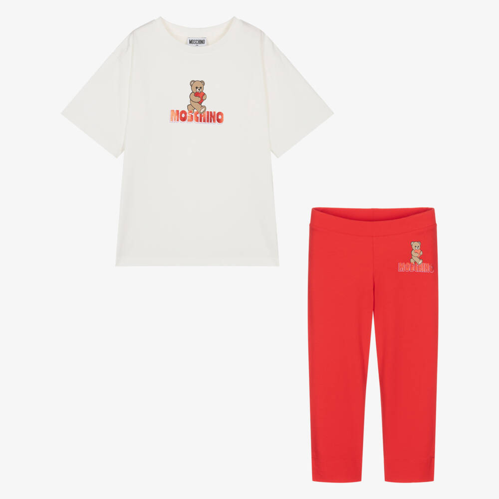 Moschino-Girls Bright Red Leggings Set with Teddy Bear & Heart Logo | Childrensalon