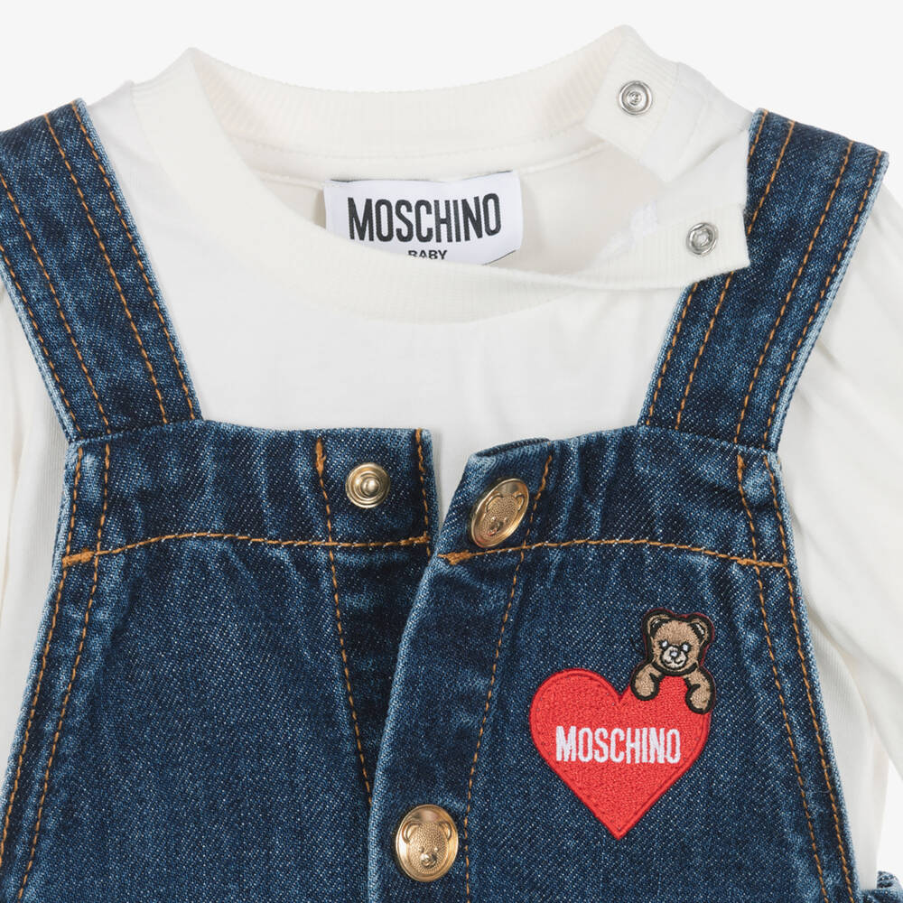 Moschino-Girls Dark Blue Denim Dress Set with Heart Motif | Childrensalon