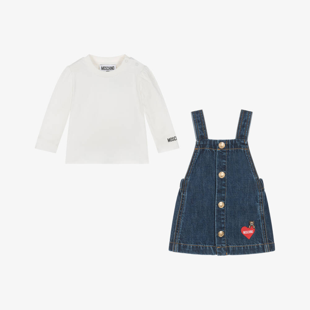 Moschino-Girls Dark Blue Denim Dress Set with Heart Motif | Childrensalon