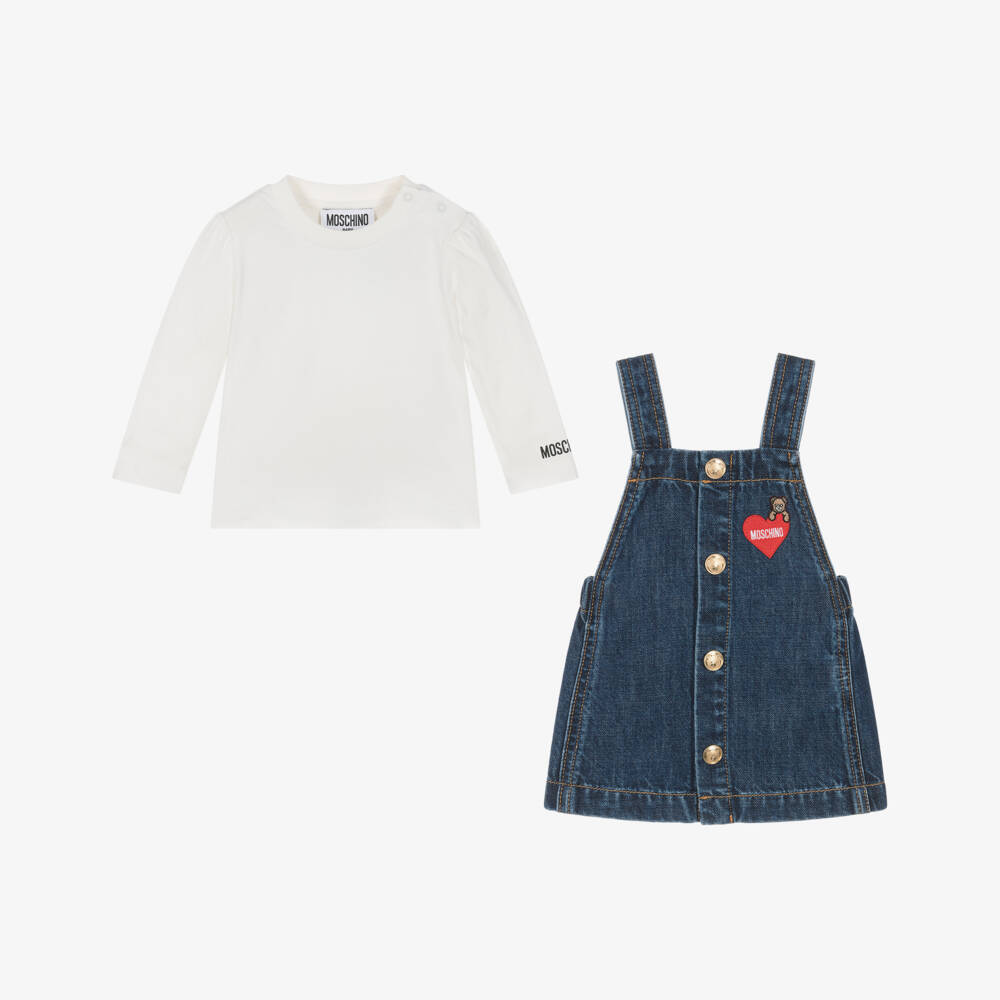 Moschino-Girls Dark Blue Denim Dress Set with Heart Motif | Childrensalon