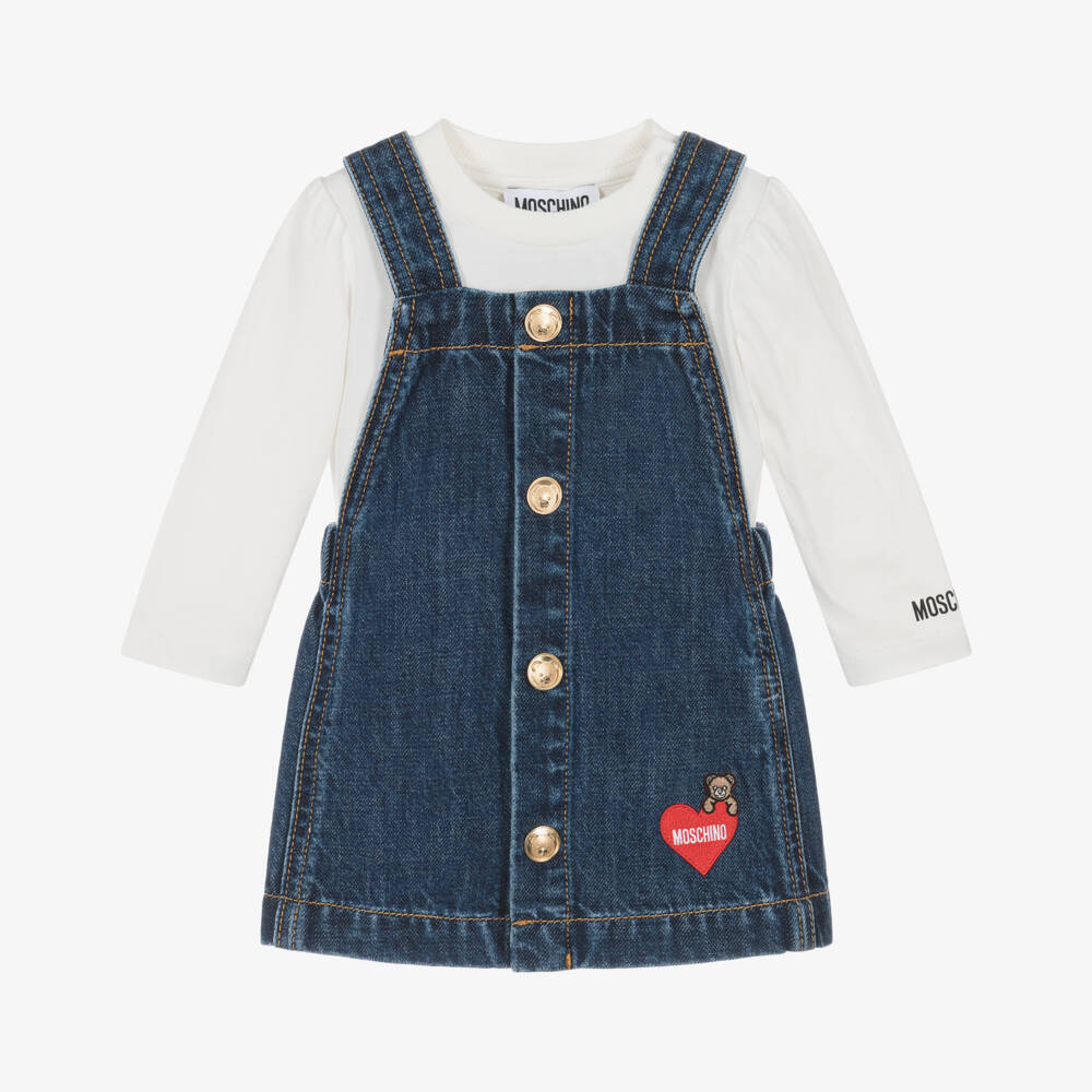 Moschino-Girls Dark Blue Denim Dress Set with Heart Motif | Childrensalon