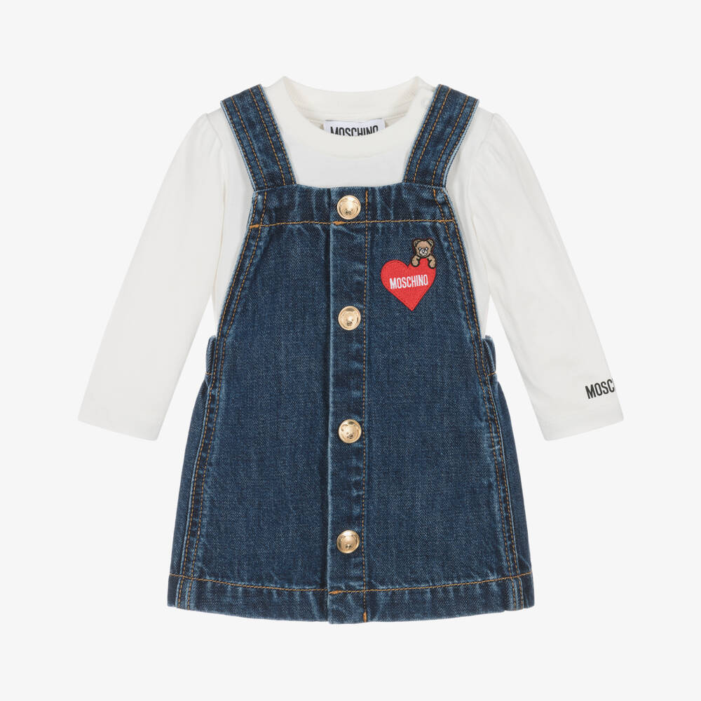 Moschino-Girls Dark Blue Denim Dress Set with Heart Motif | Childrensalon