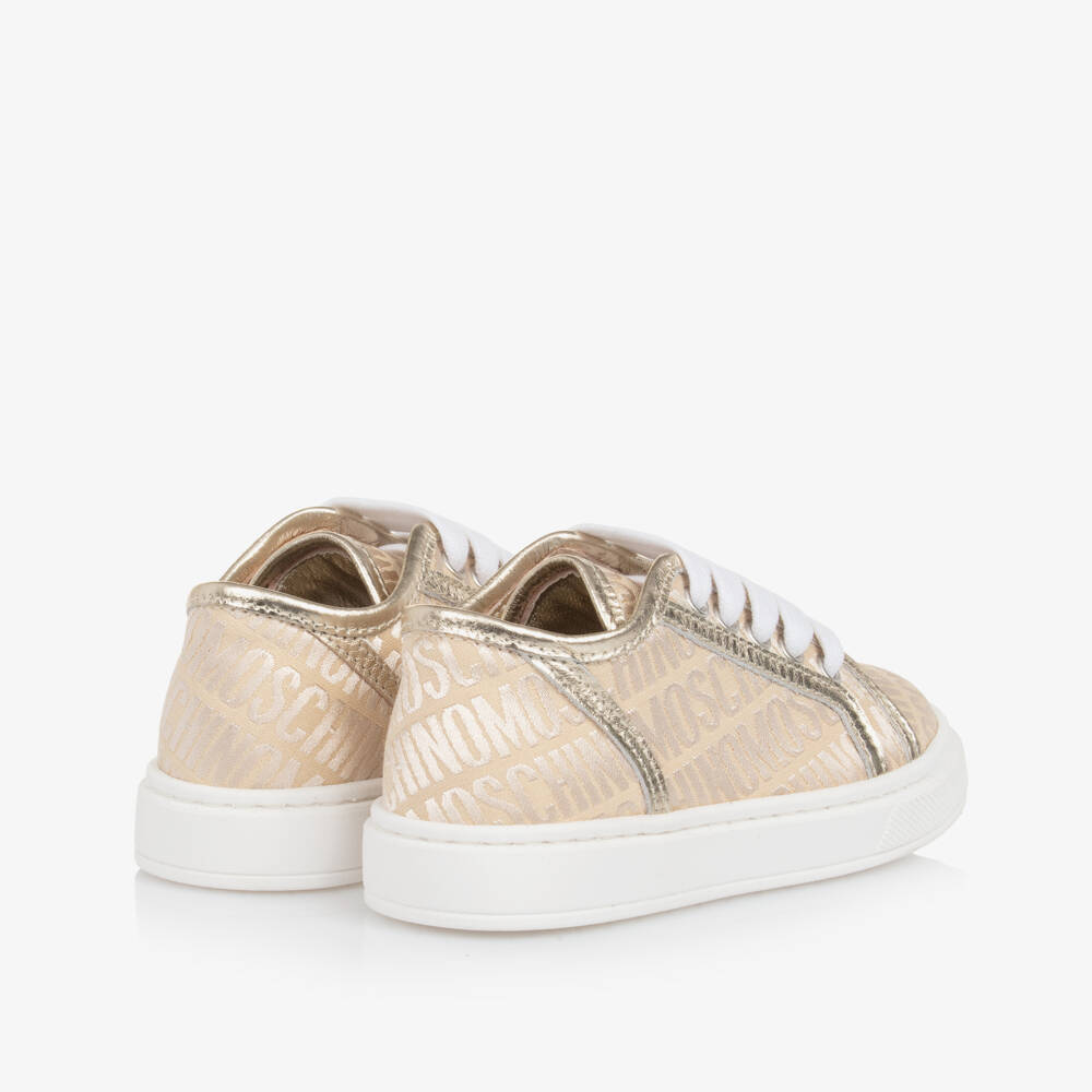 Moschino-Girls Gold Logo Jacquard Trainers | Childrensalon