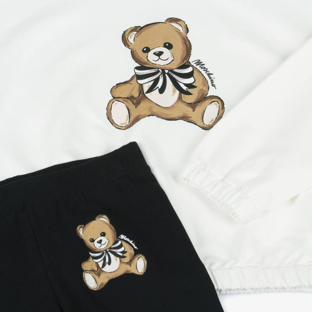 Moschino-Girls Ivory & Black Cotton Hoodie & Leggings Set | Childrensalon