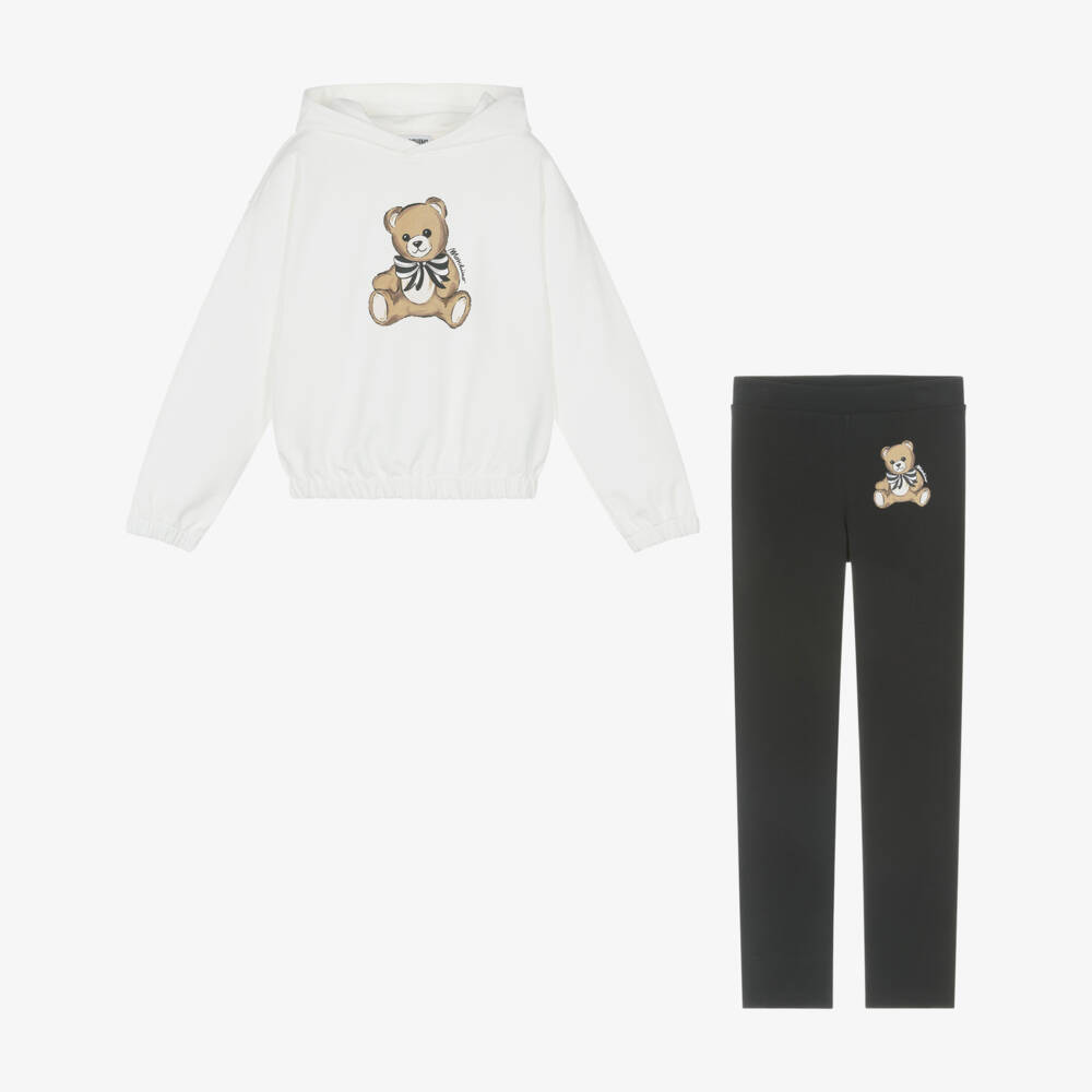 Moschino-Girls Ivory & Black Cotton Hoodie & Leggings Set | Childrensalon