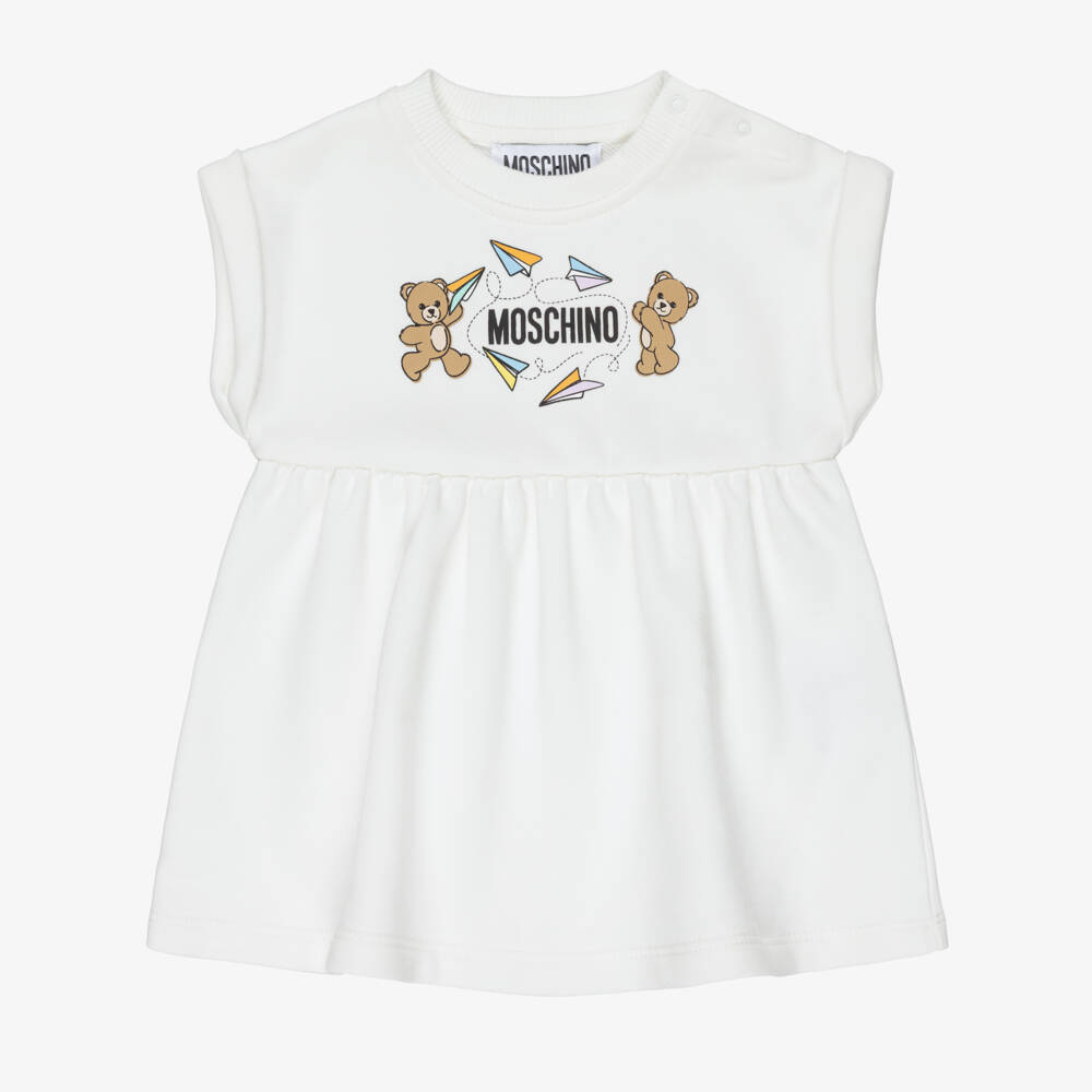 Moschino-Girls Ivory Cotton Dress with Rolled-Up Sleeves  | Childrensalon