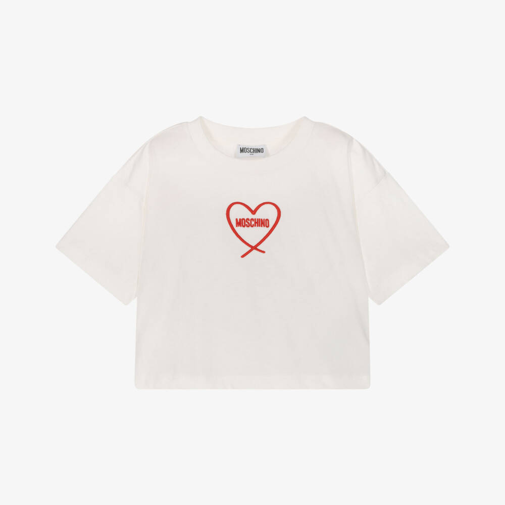 Moschino-Girls Ivory Cotton T-Shirt with Heart Logo | Childrensalon