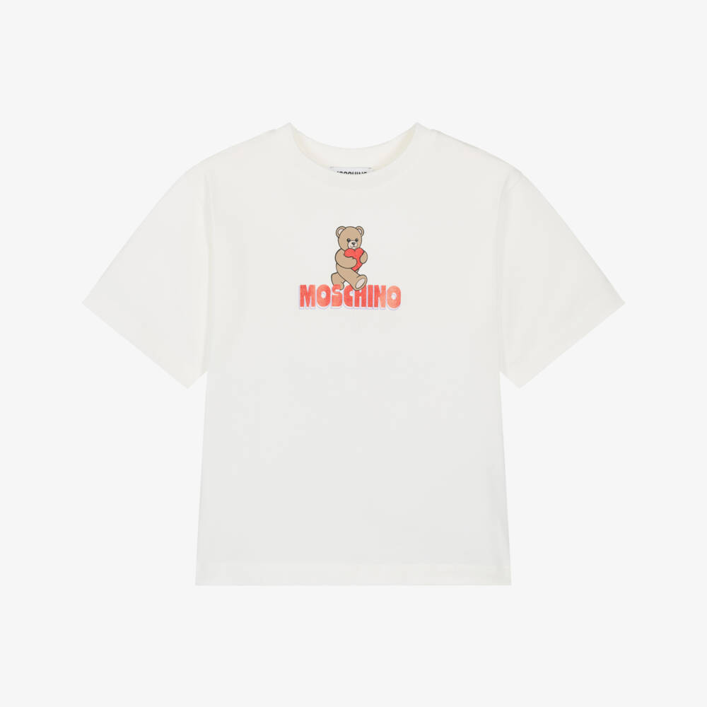 Moschino-Girls Ivory Cotton T-Shirt with Teddy Bear & Heart Logo | Childrensalon