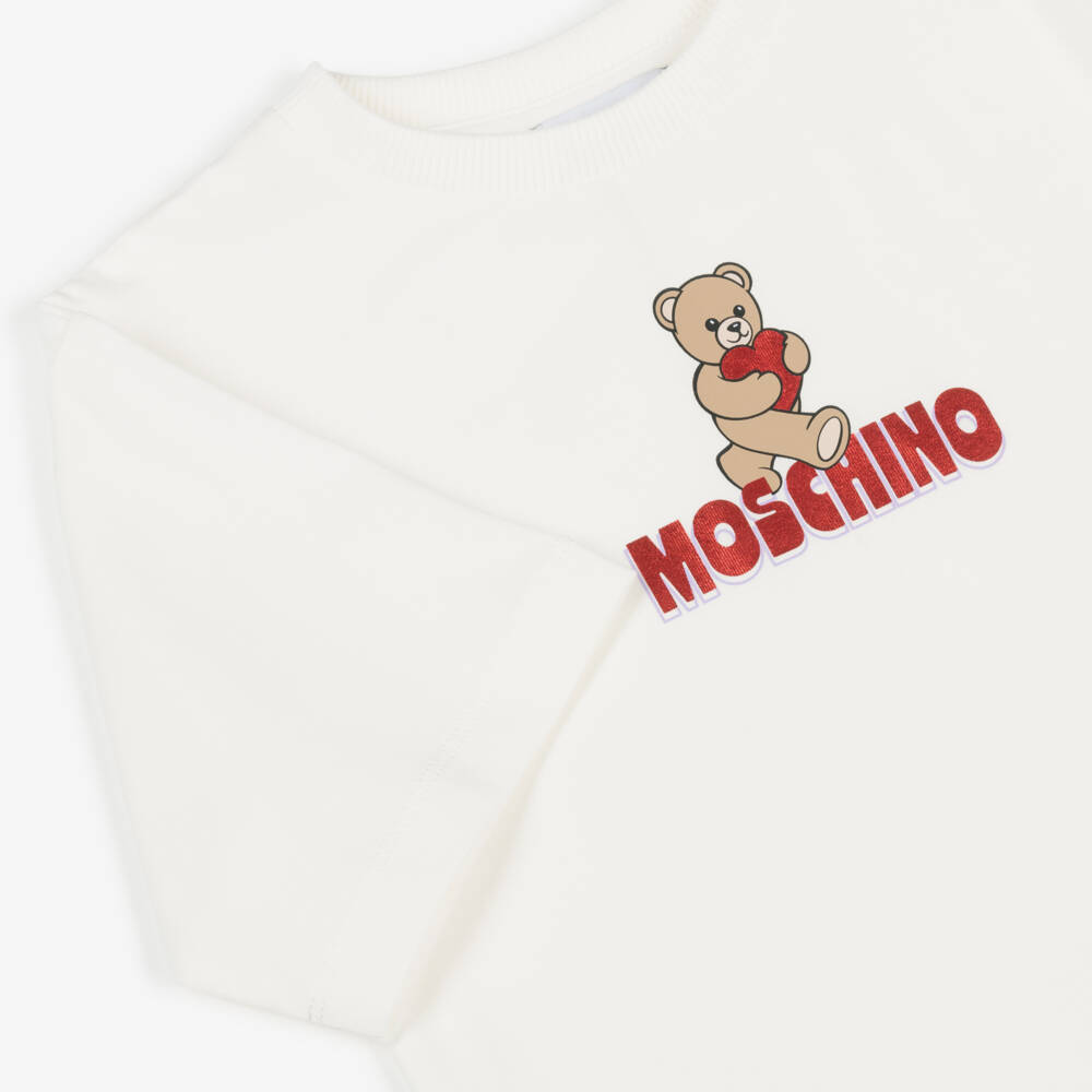 Moschino-تيشيرت قطن بشعار دب وقلب لون عاجي للبنات | Childrensalon