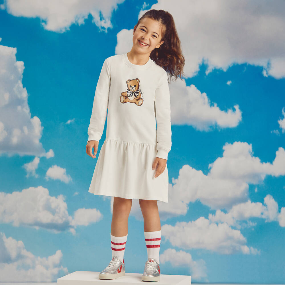 Moschino-Girls Ivory Cotton Teddy Bear Dress with Sequinned Bow | Childrensalon