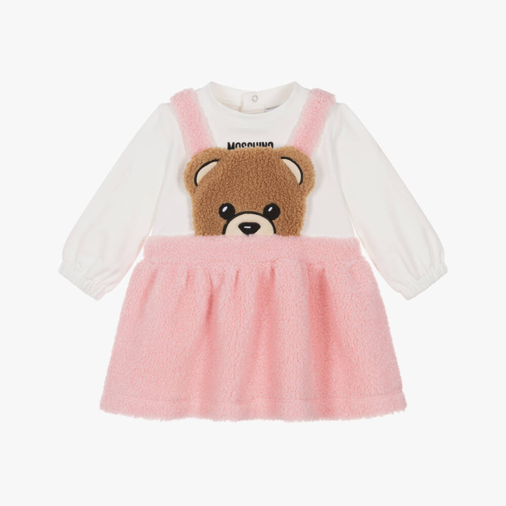Moschino-Girls Ivory & Pink Sherpa Fleece Teddy Bear Dress | Childrensalon