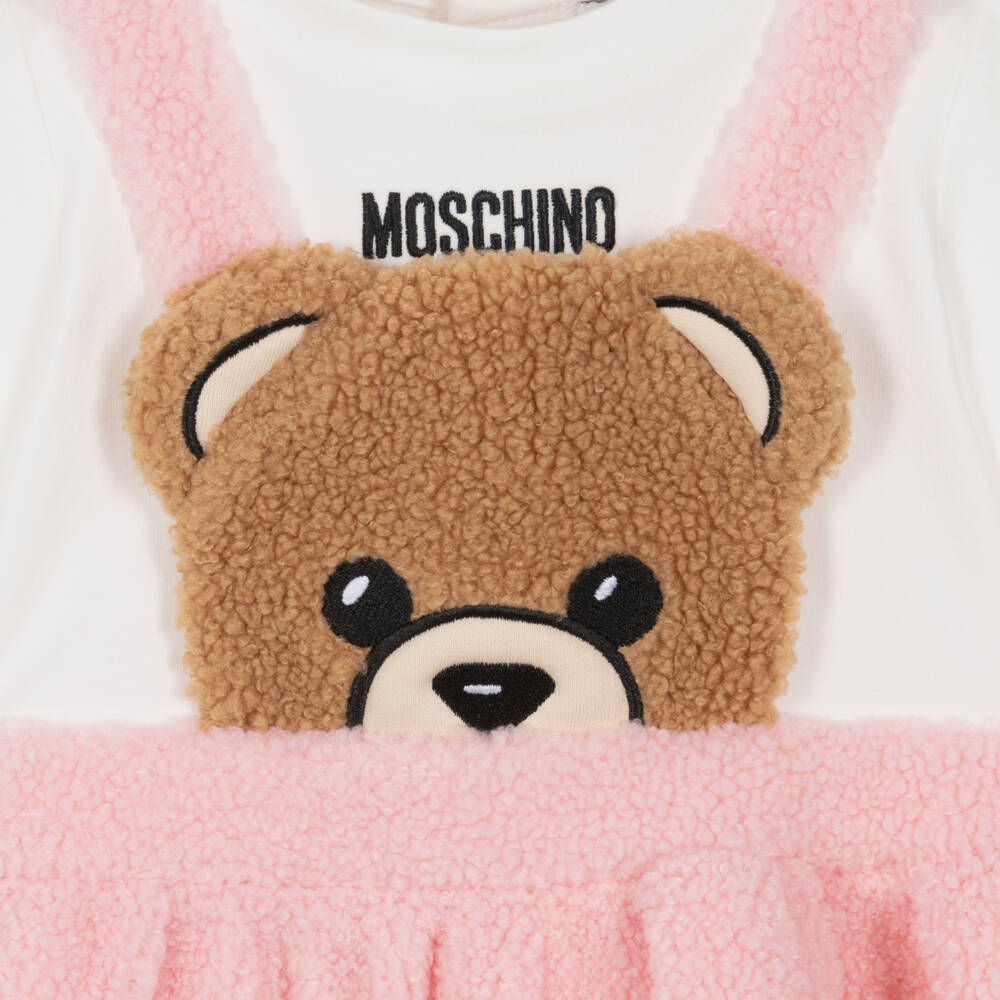 Moschino-Girls Ivory & Pink Sherpa Fleece Teddy Bear Dress | Childrensalon
