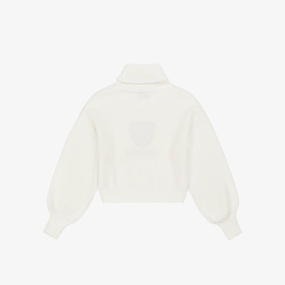 Moschino-بلوفر بياقة عالية وشعار الدب تيدي محبوك مضلع لون عاجي للبنات | Childrensalon