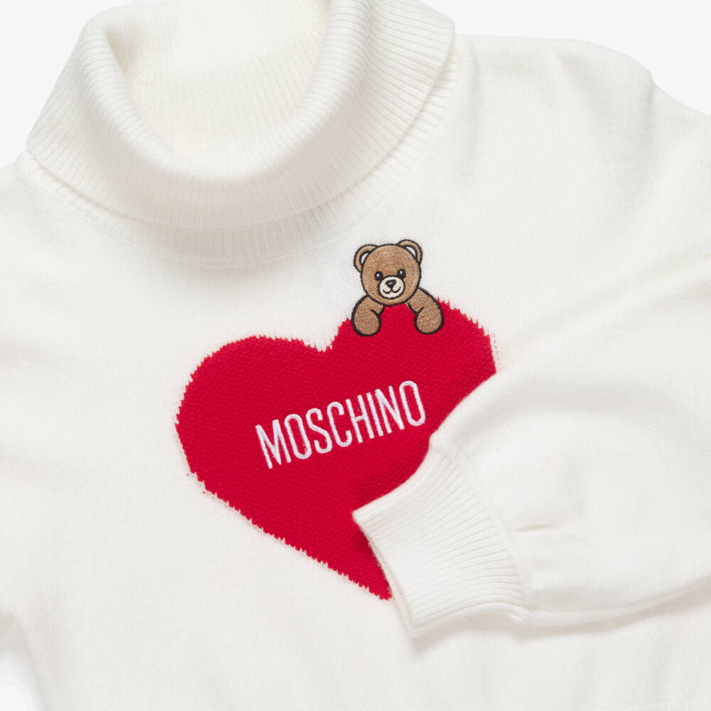 Moschino-Girls Ivory Teddy & Heart Roll Neck Sweater | Childrensalon