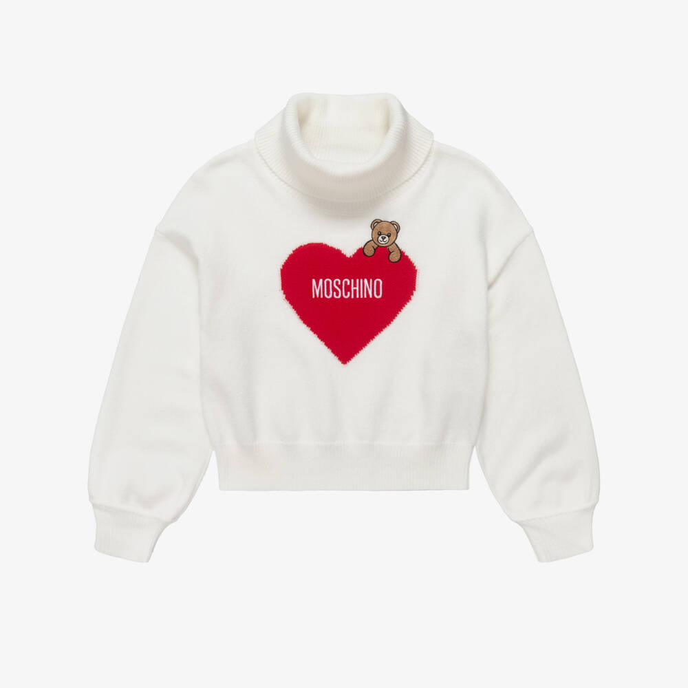 Moschino-Girls Ivory Teddy & Heart Roll Neck Sweater | Childrensalon