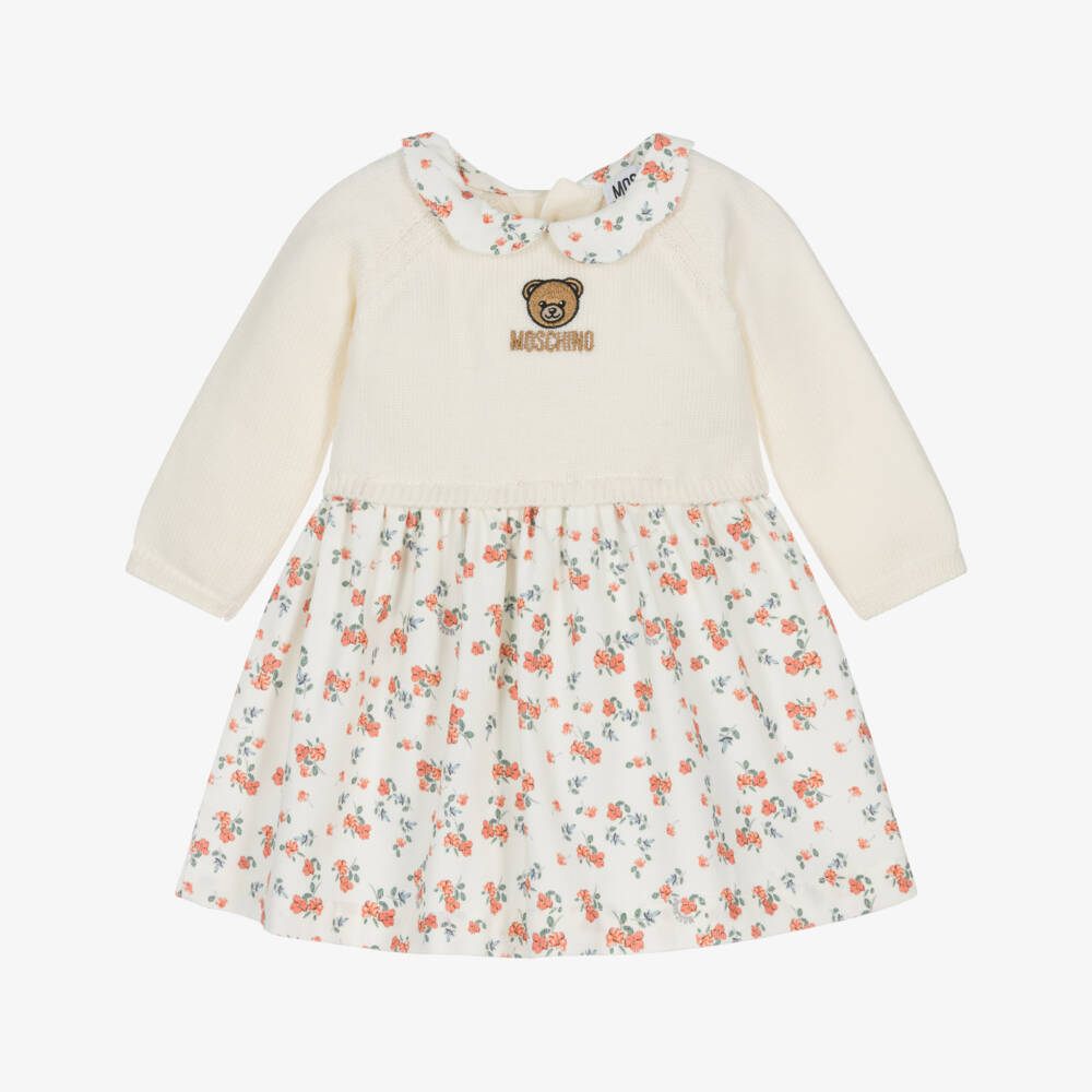 Moschino-Платье кремовое из шерсти и цветочного вельвета для девочек | Childrensalon