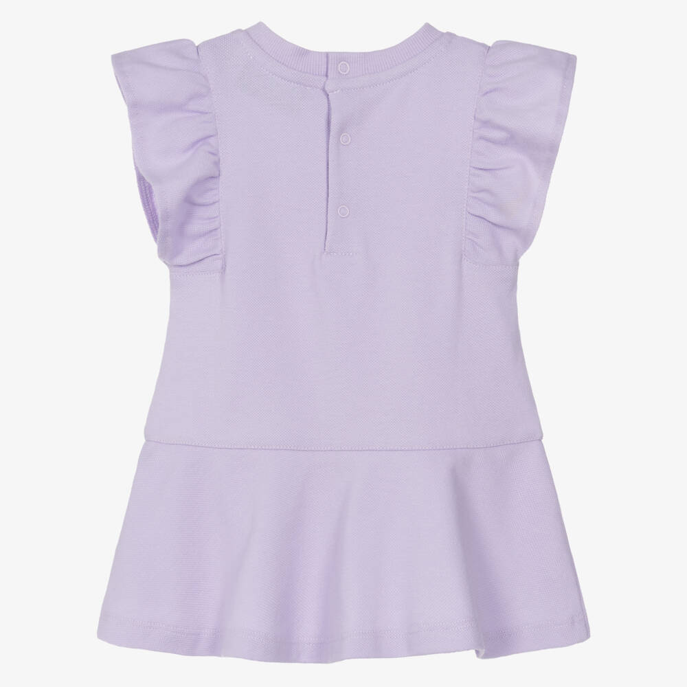 Moschino-Girls Lilac Purple Cotton Piqué Teddy Bear & Flowers Dress | Childrensalon