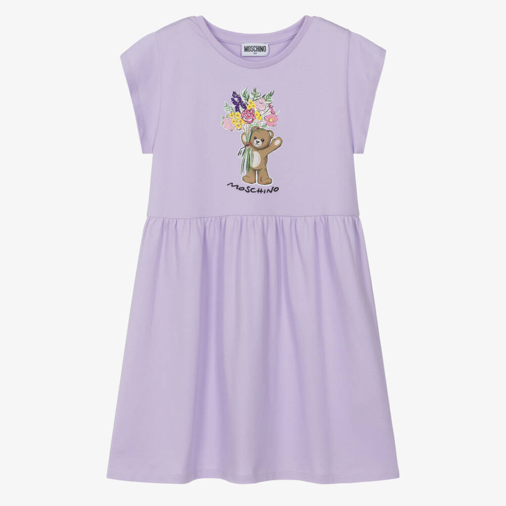 Moschino-Girls Lilac Purple Cotton Piqué Teddy Bear Motif Dress | Childrensalon