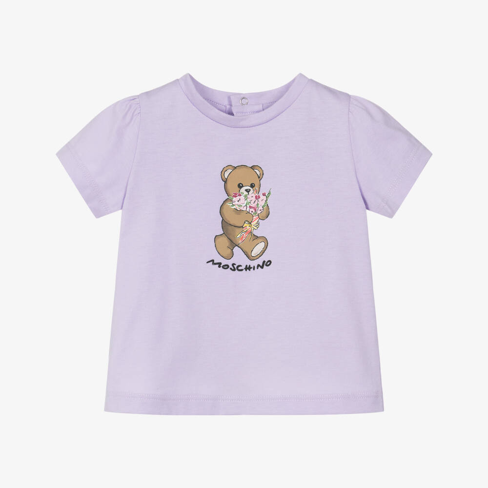 Moschino-Girls Lilac Purple Cotton Teddy Bear & Flowers T-Shirt | Childrensalon