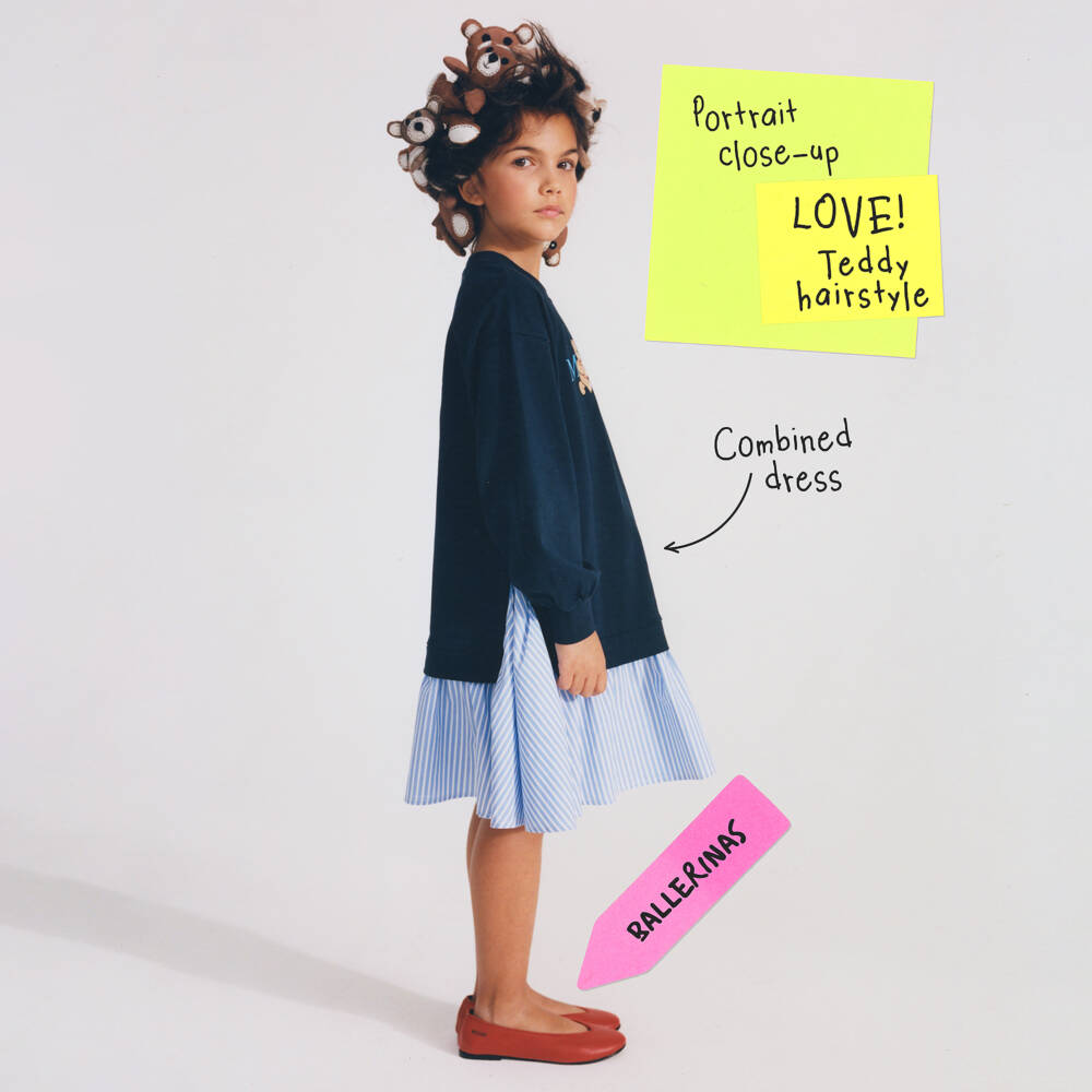 Moschino-Girls Navy Blue Cotton Dress with Colourful Logo | Childrensalon