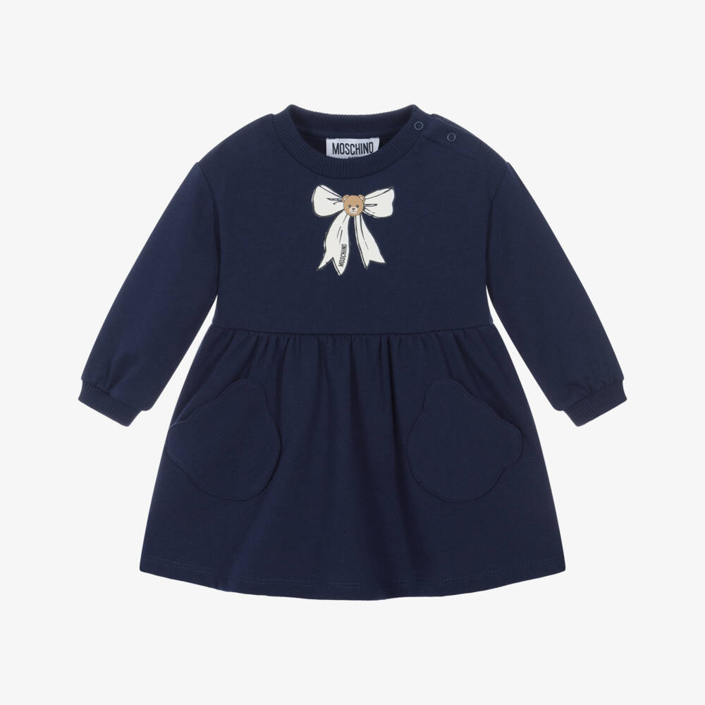 Moschino-Girls Navy Blue Cotton Jersey Dress with Teddy Bear Bow | Childrensalon