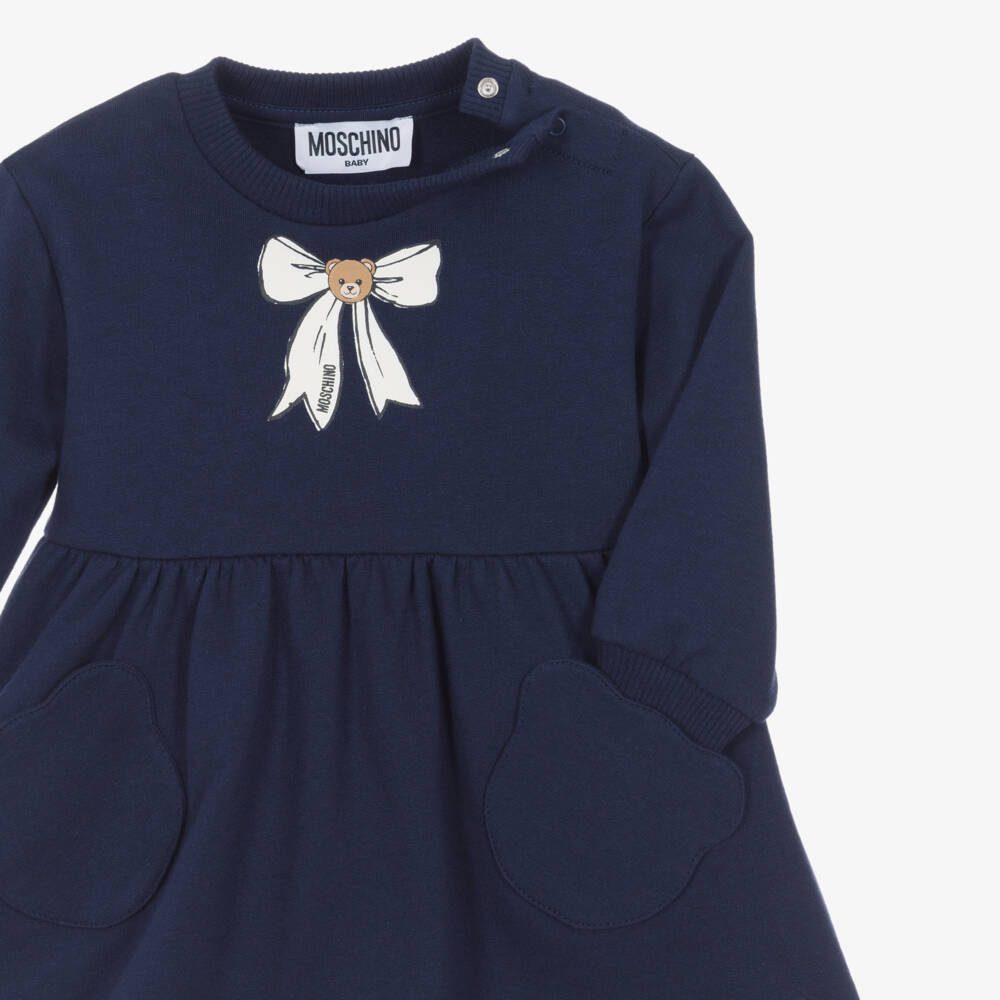 Moschino-Girls Navy Blue Cotton Jersey Dress with Teddy Bear Bow | Childrensalon
