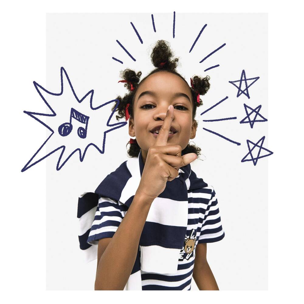 Moschino-فستان قطن مقلم لون كحلي وأبيض للبنات | Childrensalon