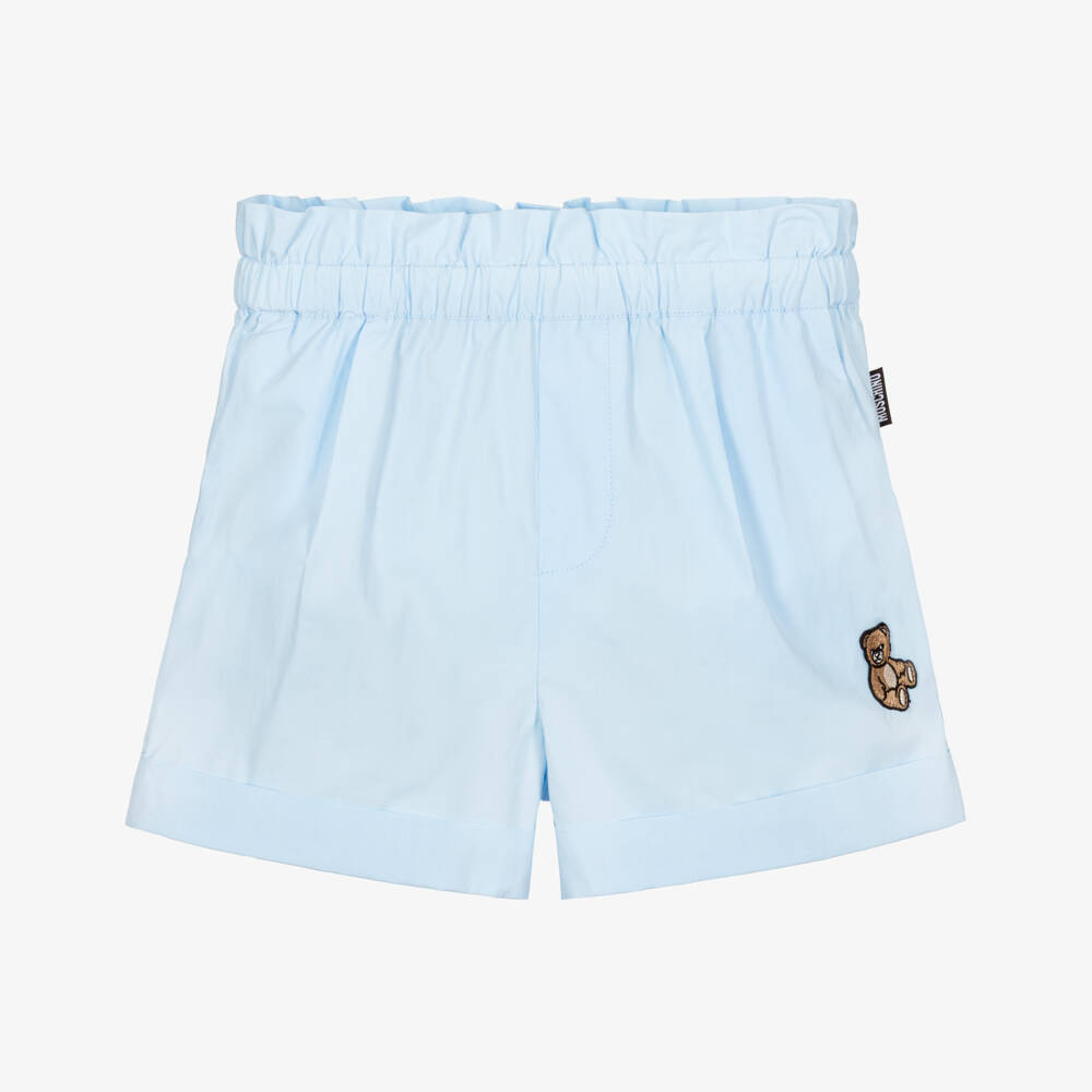 Moschino-Girls Pale Blue Poplin Shorts with Teddy Bear Patch | Childrensalon