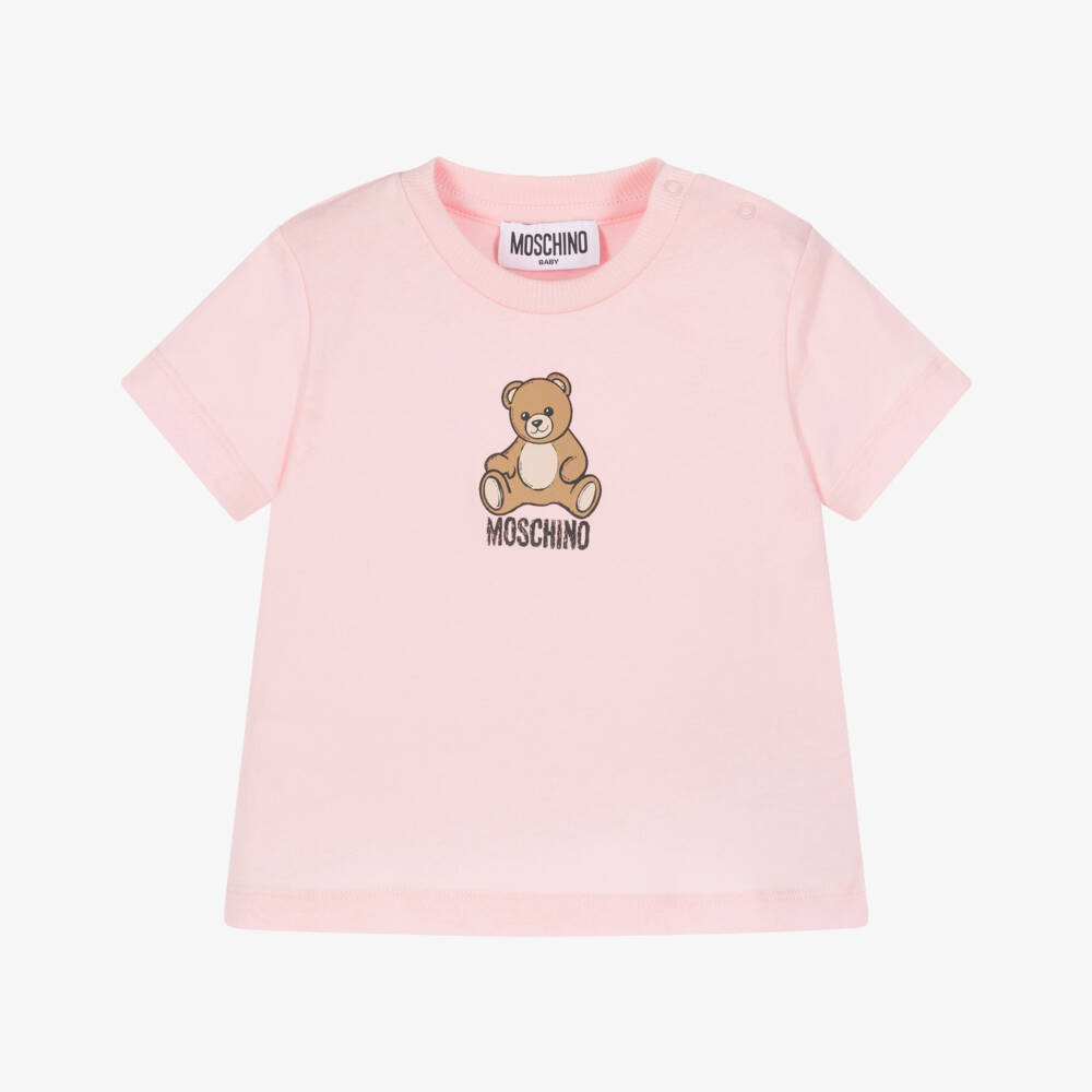 Moschino-Girls Pale Pink Cotton Teddy Bear T-Shirt | Childrensalon