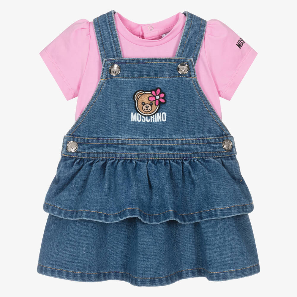 Moschino-Girls Pink & Blue Denim Teddy Bear Dress Set | Childrensalon