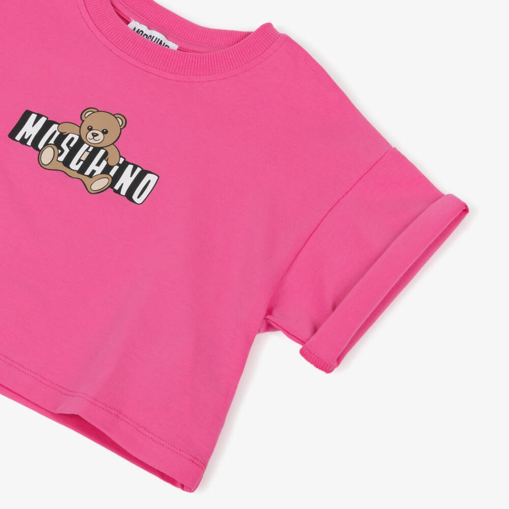 Moschino-Girls Pink Boxy Fit Cotton T-Shirt with Teddy Logo | Childrensalon