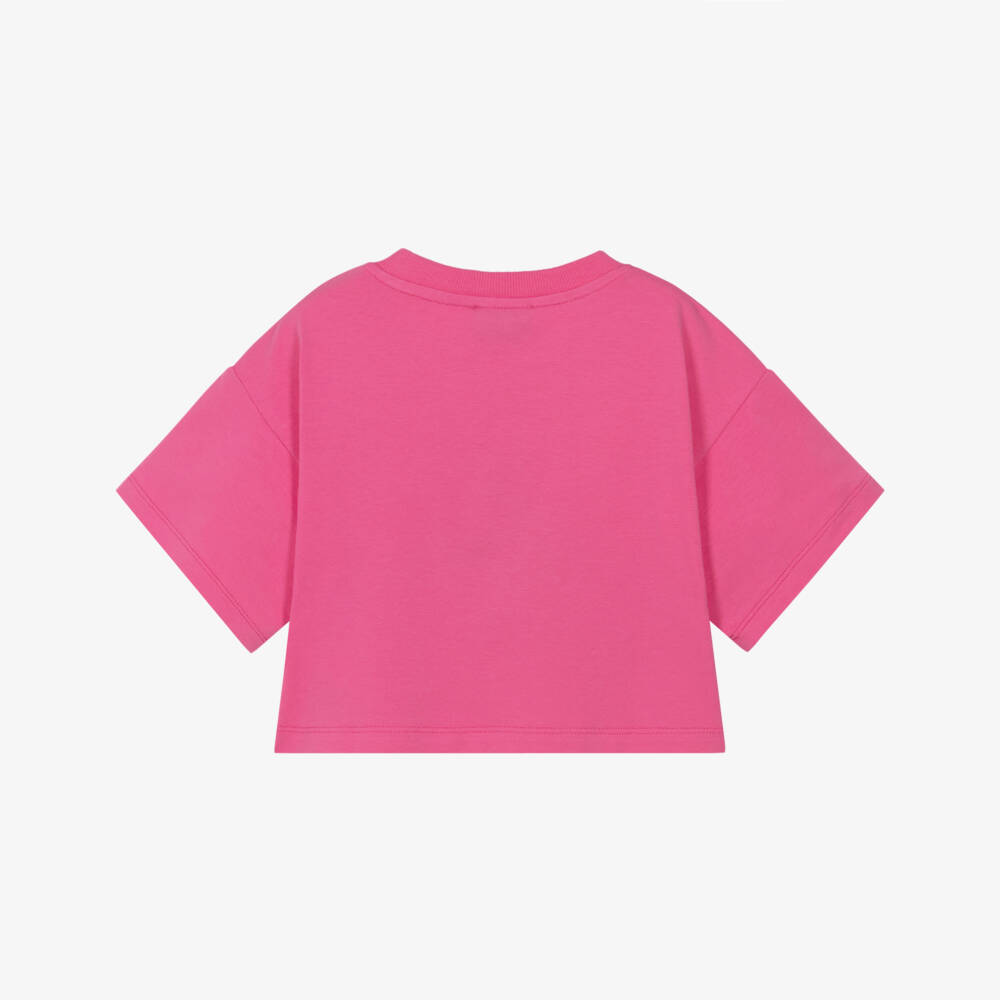 Moschino-Girls Pink Boxy Fit Cotton T-Shirt with Teddy Logo | Childrensalon