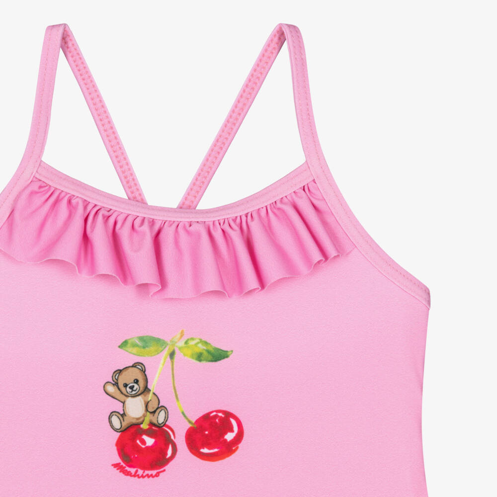 Moschino-Girls Pink Cherry & Teddy Print Swimsuit | Childrensalon