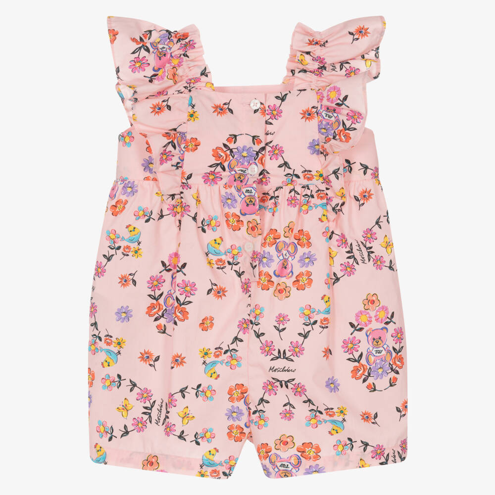Moschino-Girls Pink Cotton Floral Playsuit | Childrensalon