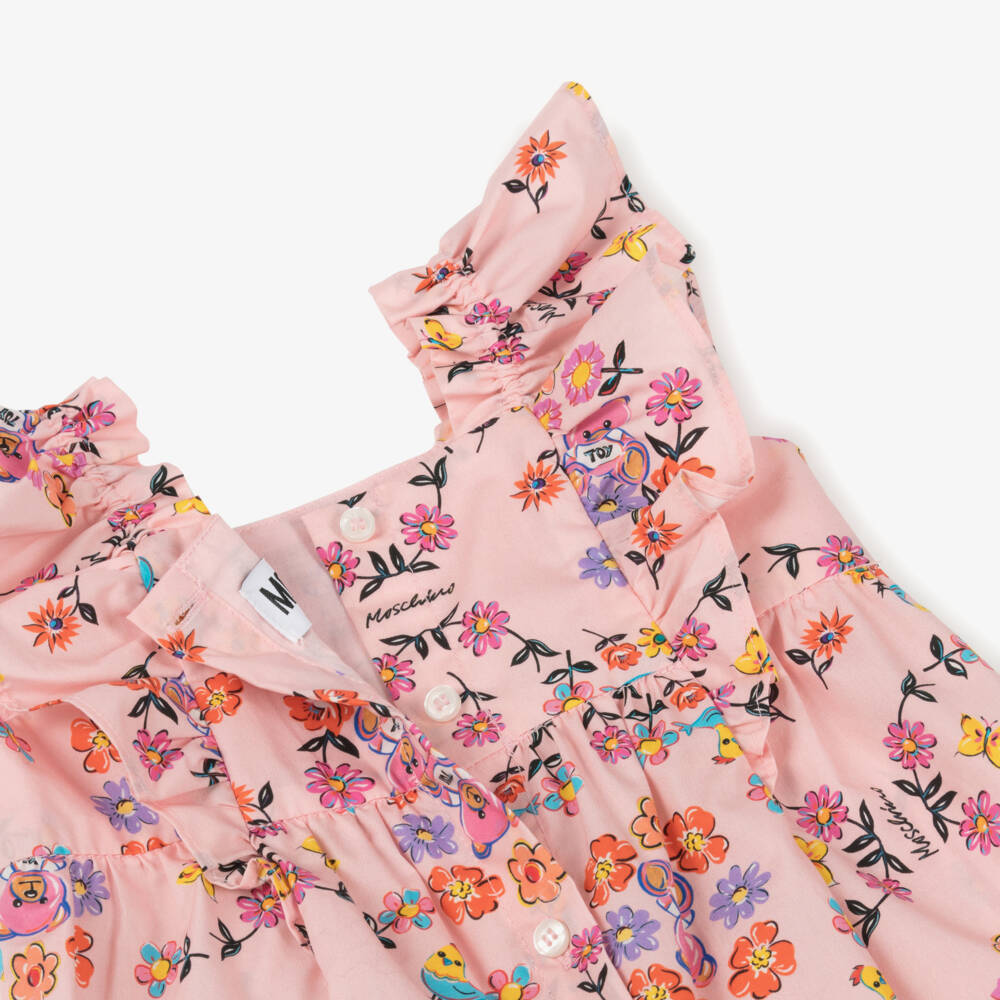 Moschino-Girls Pink Cotton Floral Playsuit | Childrensalon