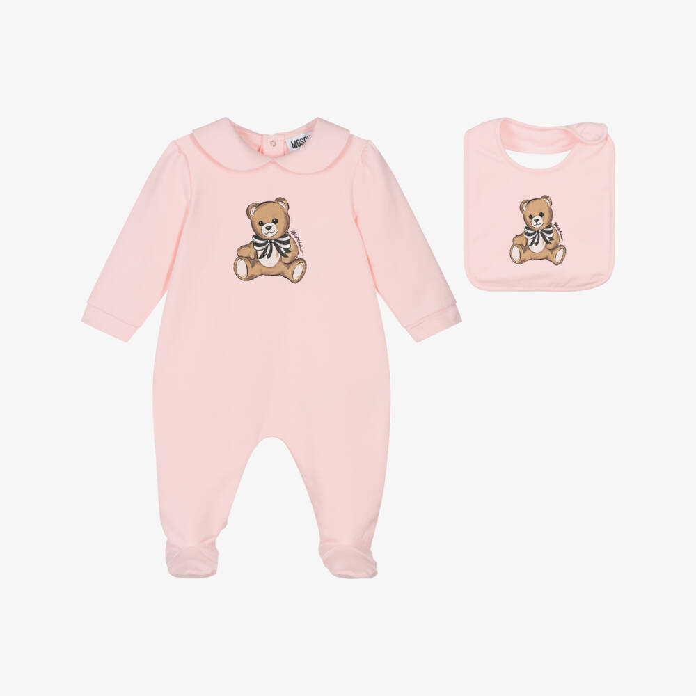 Moschino-طقم أفارول بطبعة الدب تيدي قطن لون زهري للبنات الرضع | Childrensalon