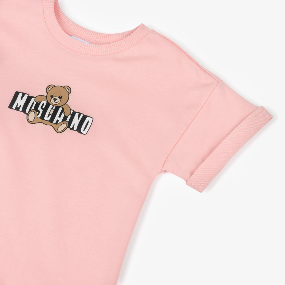 Moschino-Girls Pink Cotton Jersey Teddy Bear Logo Dress | Childrensalon