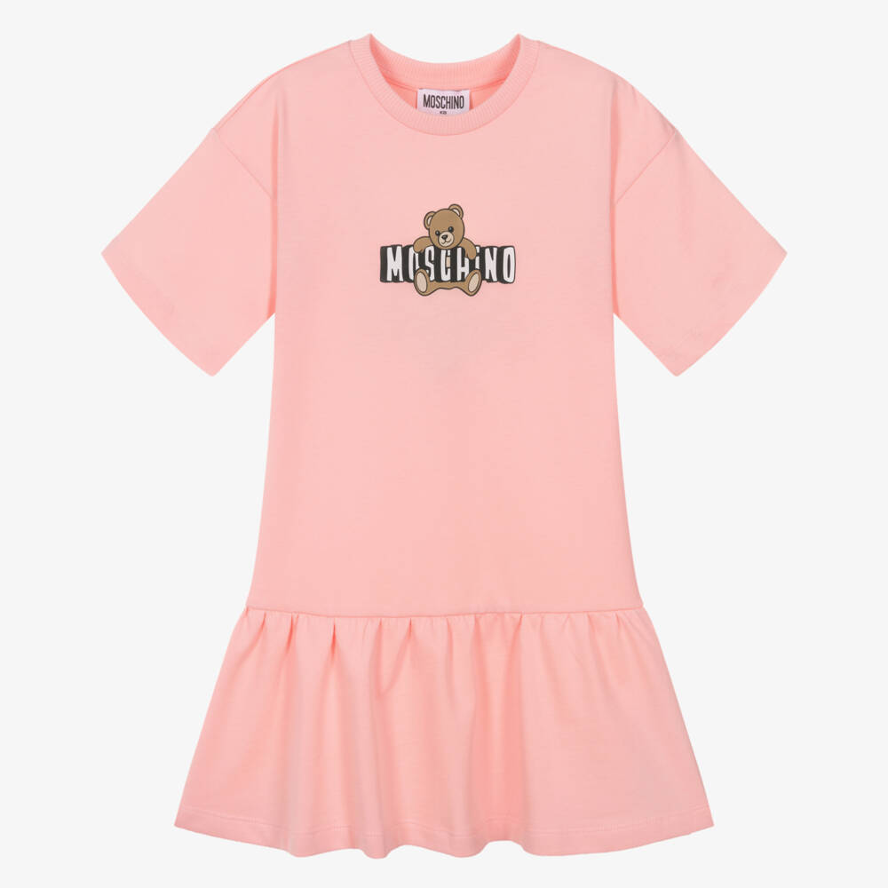 Moschino-Girls Pink Cotton Jersey Teddy Bear Logo Dress | Childrensalon