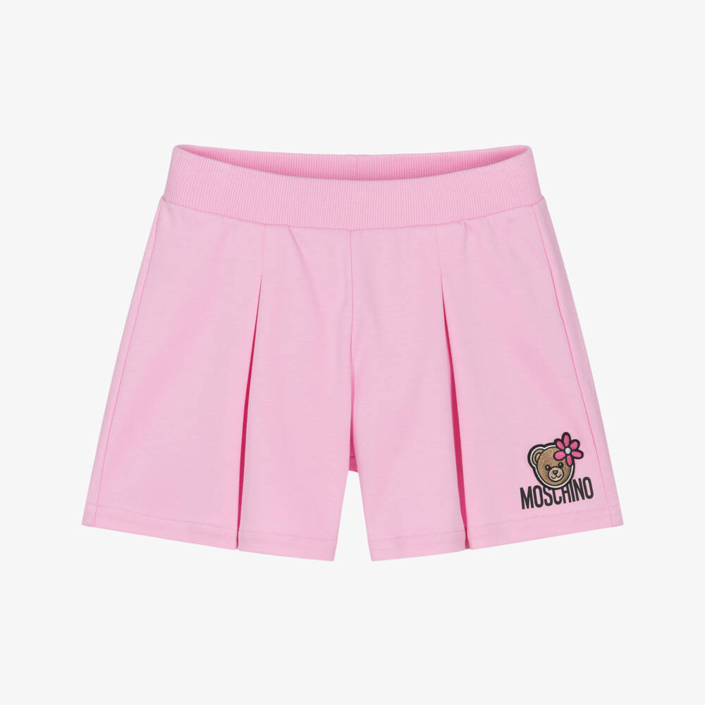 Moschino-Girls Pink Cotton Jersey Teddy Bear Logo Shorts | Childrensalon
