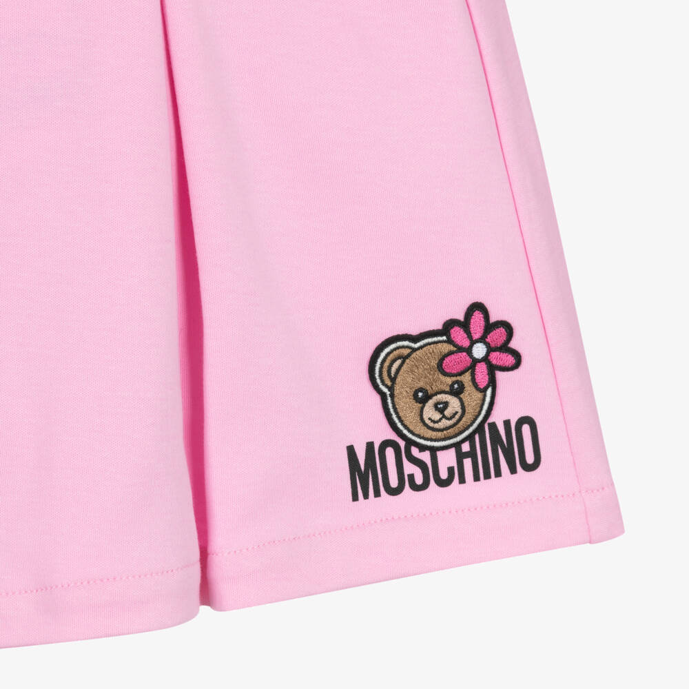 Moschino-Girls Pink Cotton Jersey Teddy Bear Logo Shorts | Childrensalon