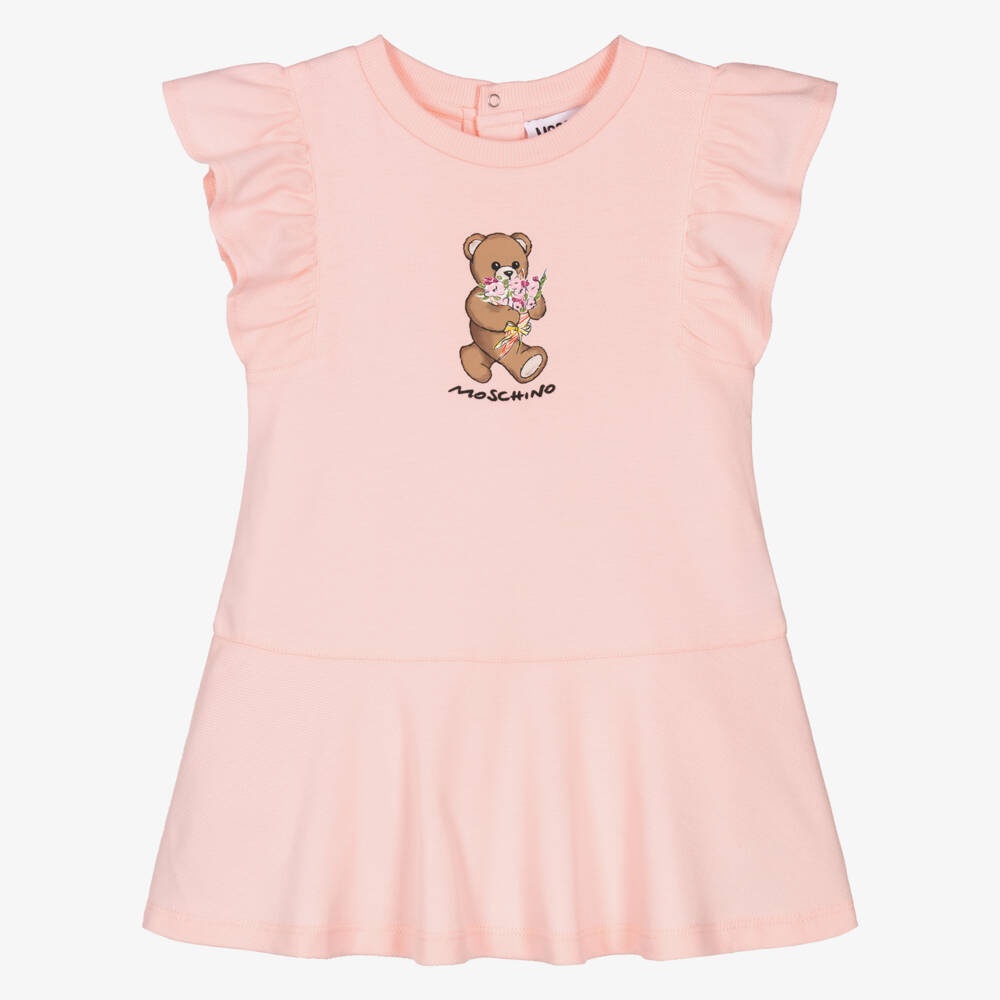 Moschino-Girls Pink Cotton Piqué Teddy Bear & Flowers Dress | Childrensalon