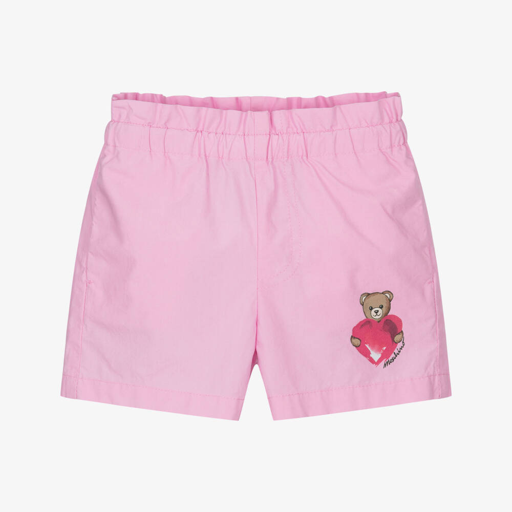 Moschino-Girls Pink Cotton Poplin Heart & Teddy Bear Logo Shorts | Childrensalon