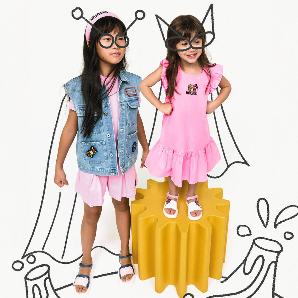 Moschino-Girls Pink Cotton Poplin Teddy Bear Dress | Childrensalon
