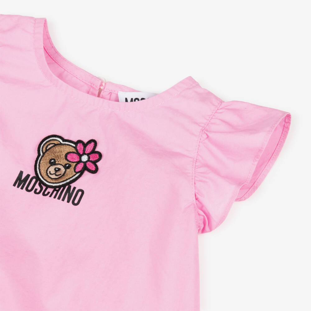 Moschino-Girls Pink Cotton Poplin Teddy Bear Dress | Childrensalon