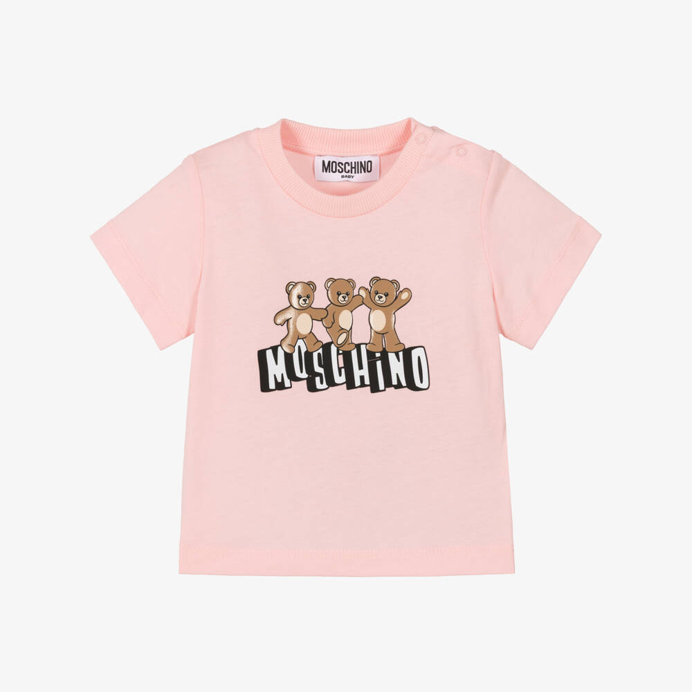 Moschino-Girls Pink Cotton T-Shirt with 3 Bears Logo | Childrensalon