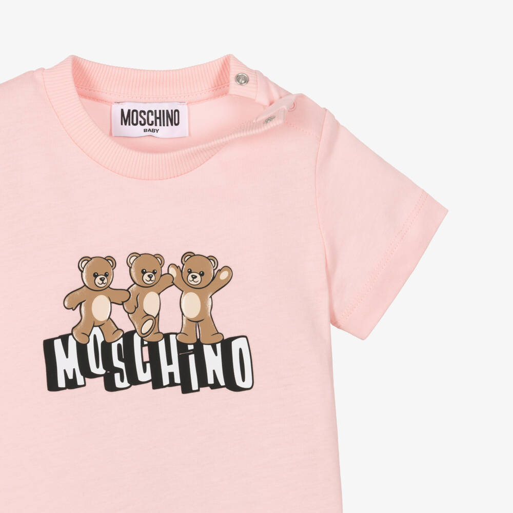 Moschino-Girls Pink Cotton T-Shirt with 3 Bears Logo | Childrensalon