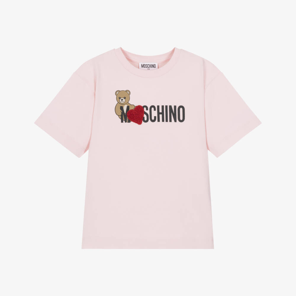 Moschino-Girls Pink Cotton T-Shirt with Red Heart | Childrensalon