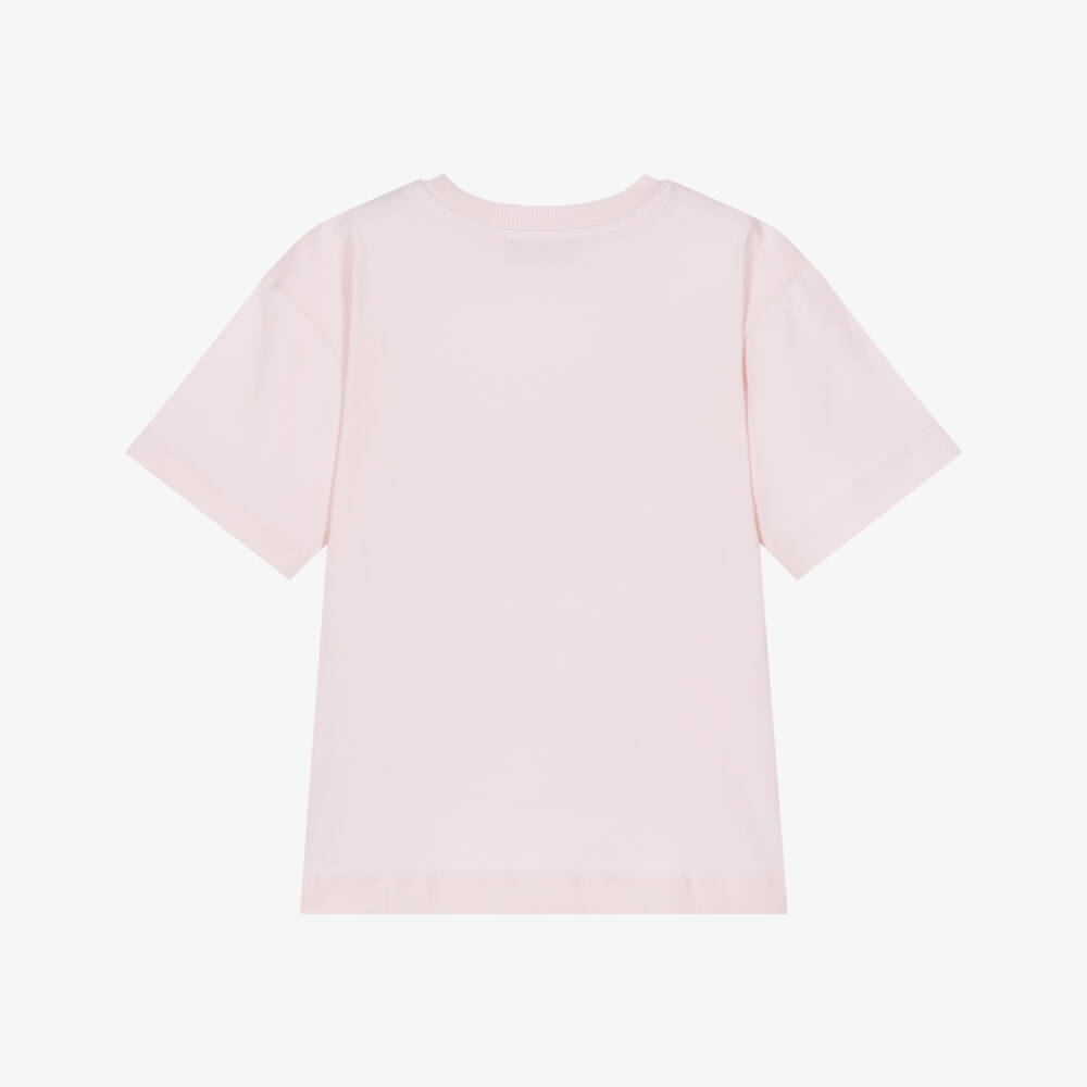 Moschino-Girls Pink Cotton T-Shirt with Red Heart | Childrensalon